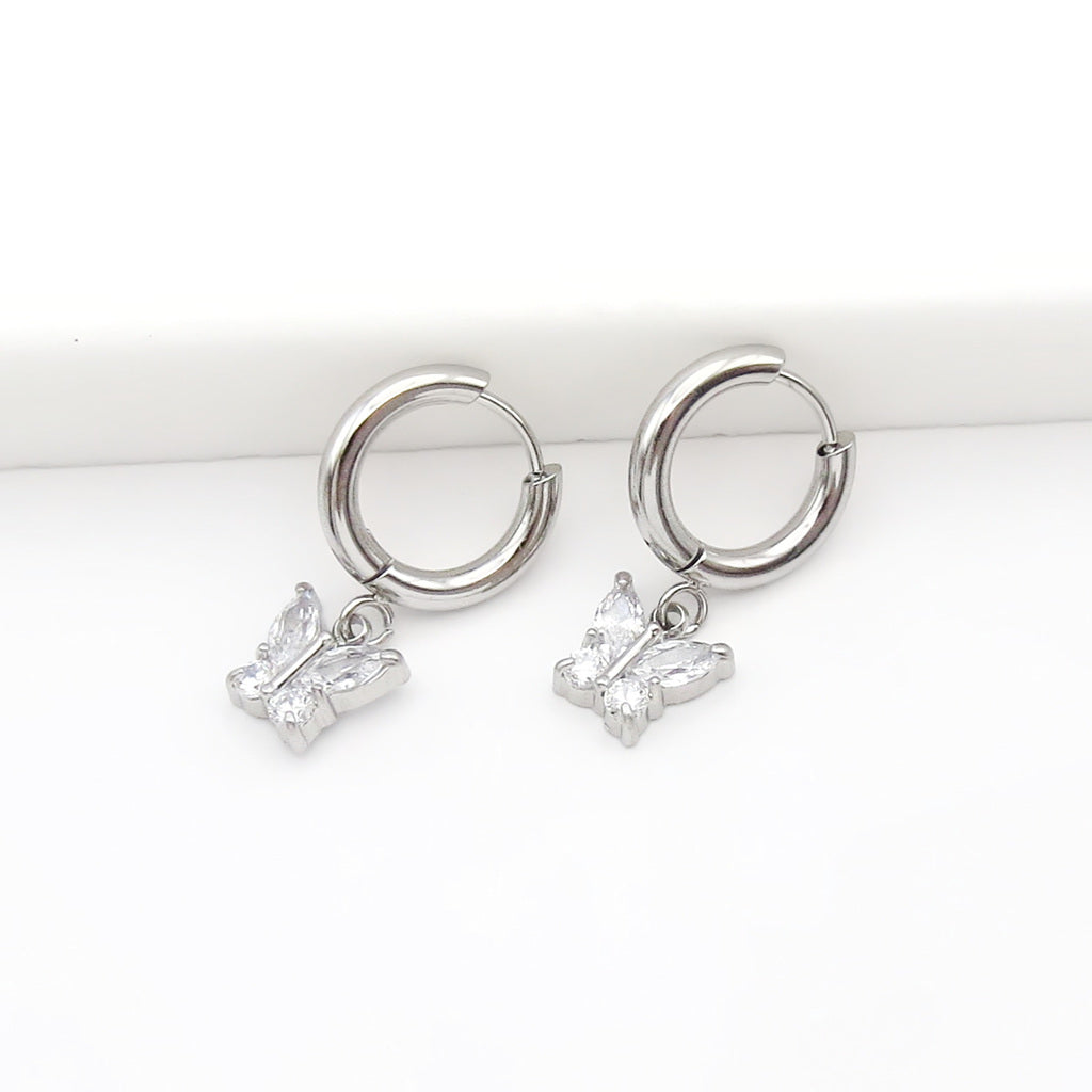 Stainless Steel CZ Butterfly Dangle Hoop Earrings