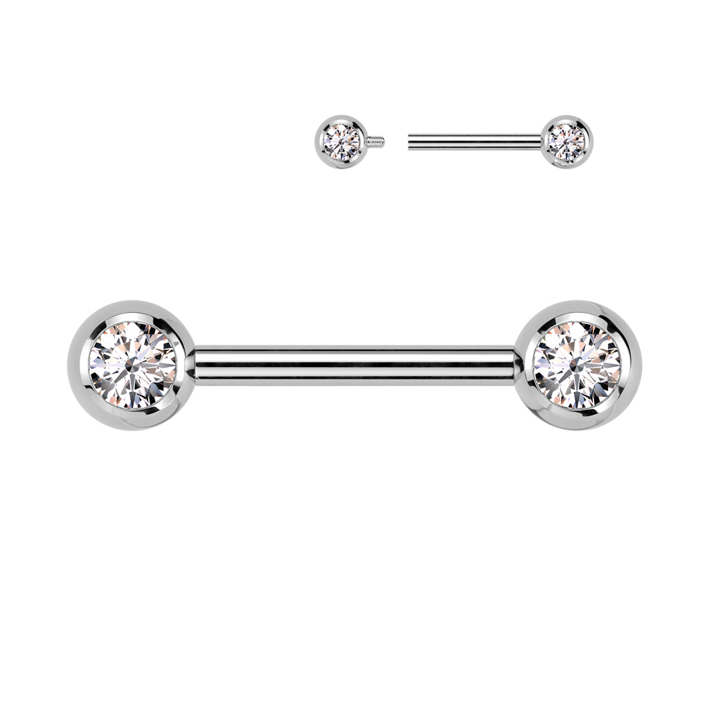 Titanium Internally Threaded Nipple Barbell With CZ Ball Ends-Nipple Barbells-2-Glitters