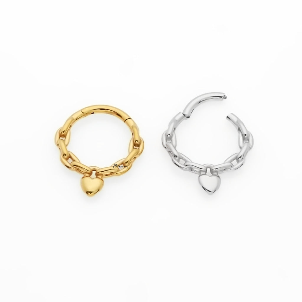 Chain Link with Heart Hinged Segment Hoop Ring - Gold