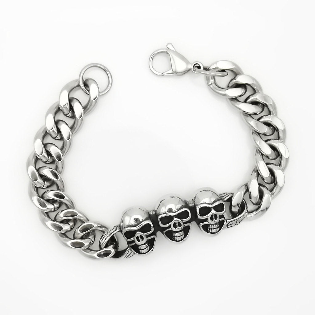 Stainless Steel Triple Skull Cuban Link Bracelet-Stainless Steel Bracelets-2-Glitters