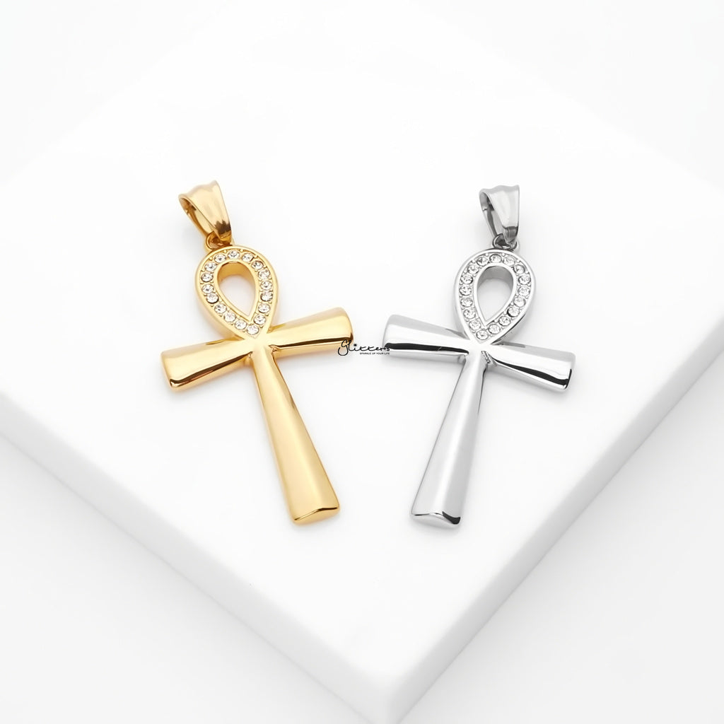 Stainless Steel CZ Ankh Cross Pendant - Gold-Pendants-2-Glitters