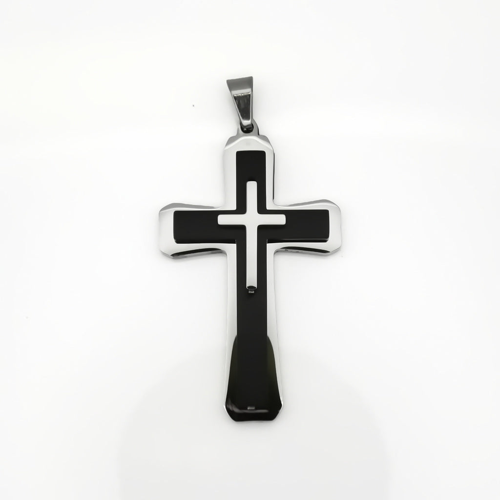 Triple Layer Two-Tone Cross Pendant - Silver