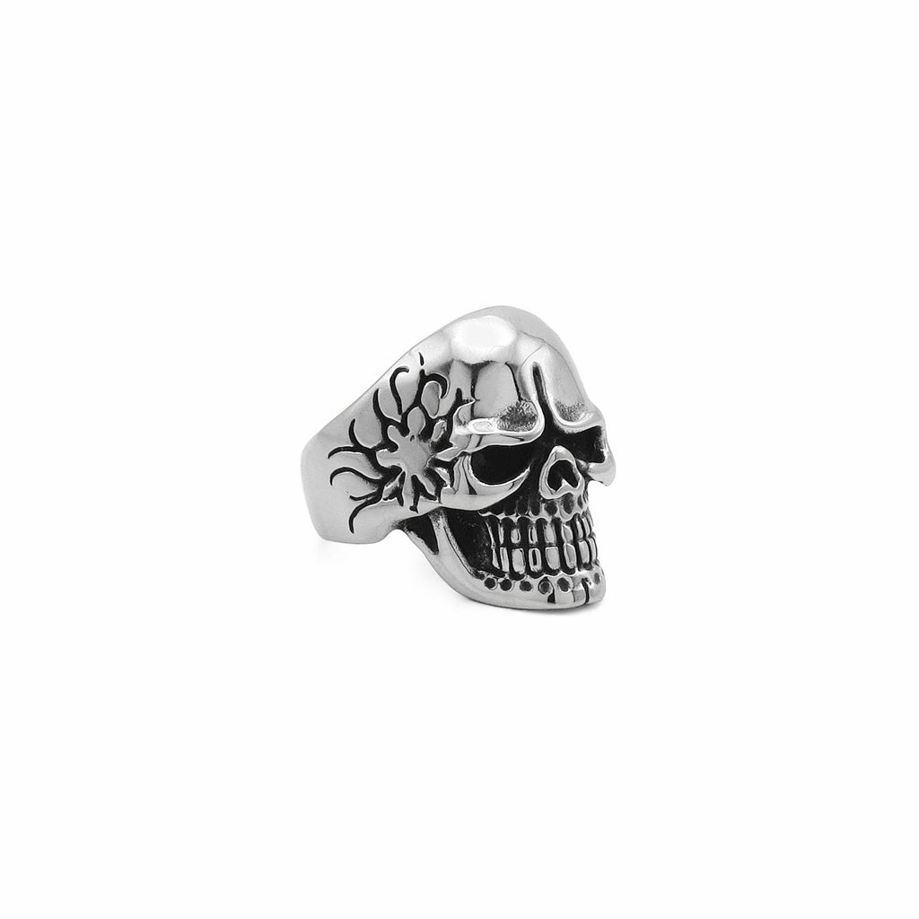 Stainless Steel Skull Ring with Tribal Pattern