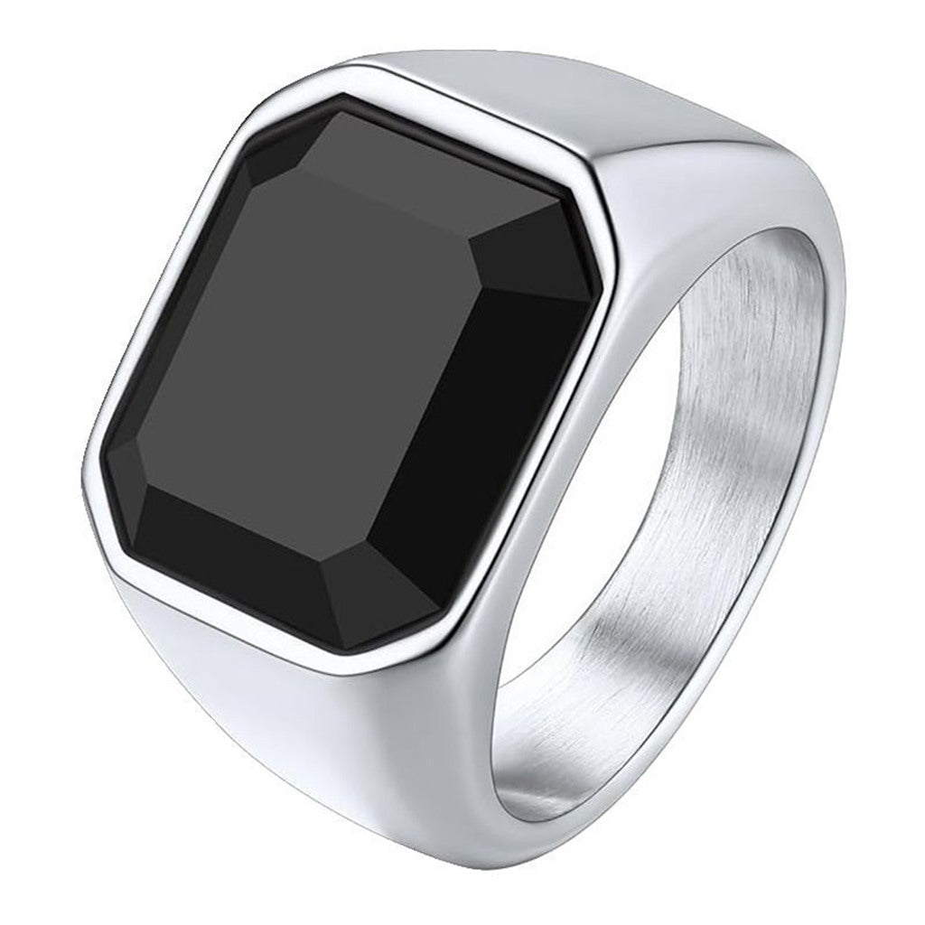 Stainless Steel Black Glass Signet Ring - Silver