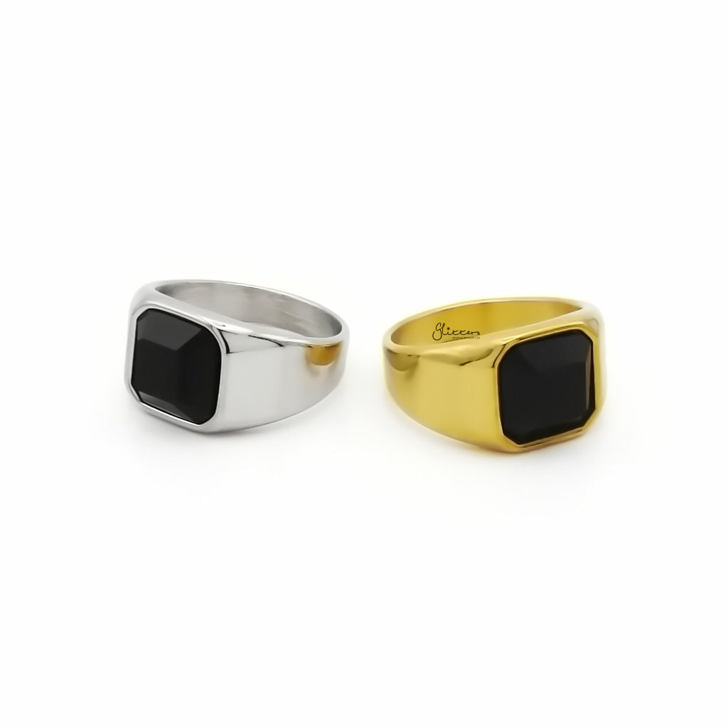 Stainless Steel Black Glass Signet Ring - Gold