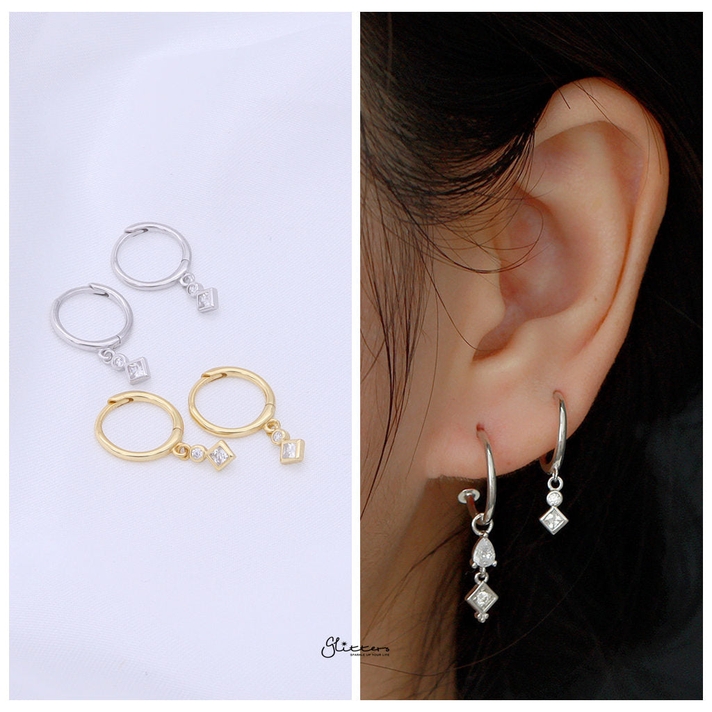 Rhombus and Round CZ Charm Hoop Earrings - Silver-Hoop Earrings-2-Glitters