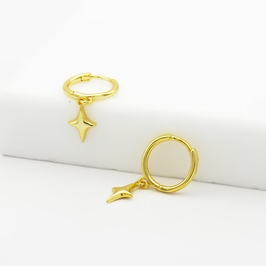3D Star Charm Sterling Silver Hoop Earrings - Gold