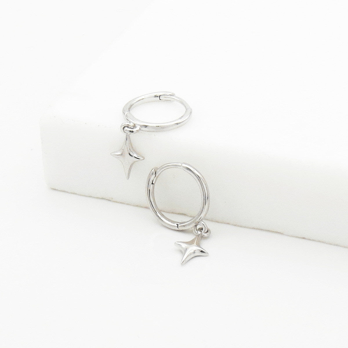 3D Star Charm Sterling Silver Hoop Earrings - Silver