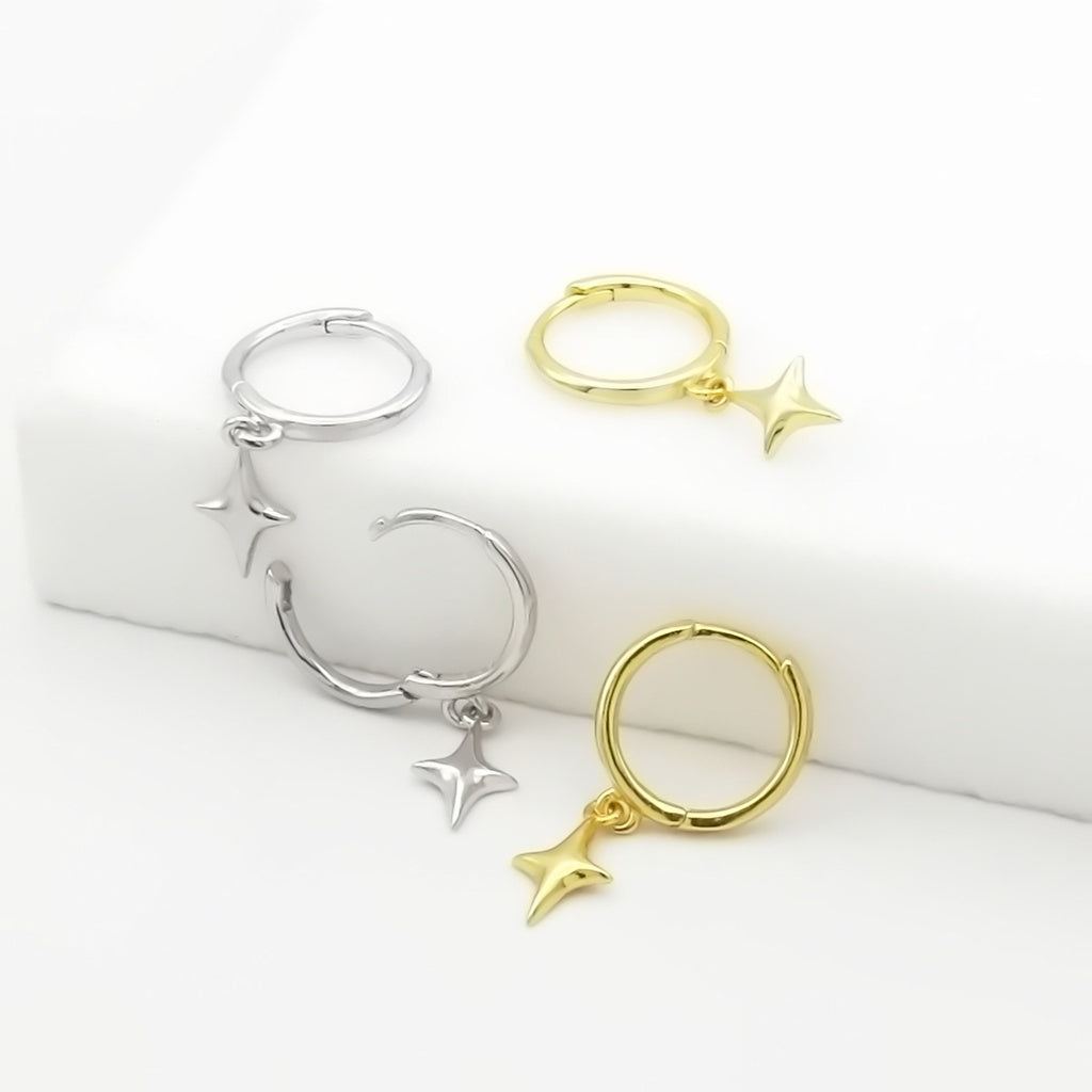 3D Star Charm Sterling Silver Hoop Earrings - Gold