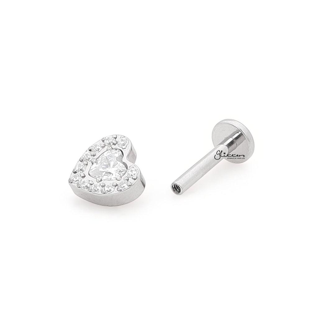 CZ Heart Top Internally Threaded Flat Back Stud-Tragus | Cartilage | Daith | Conch-4-Glitters