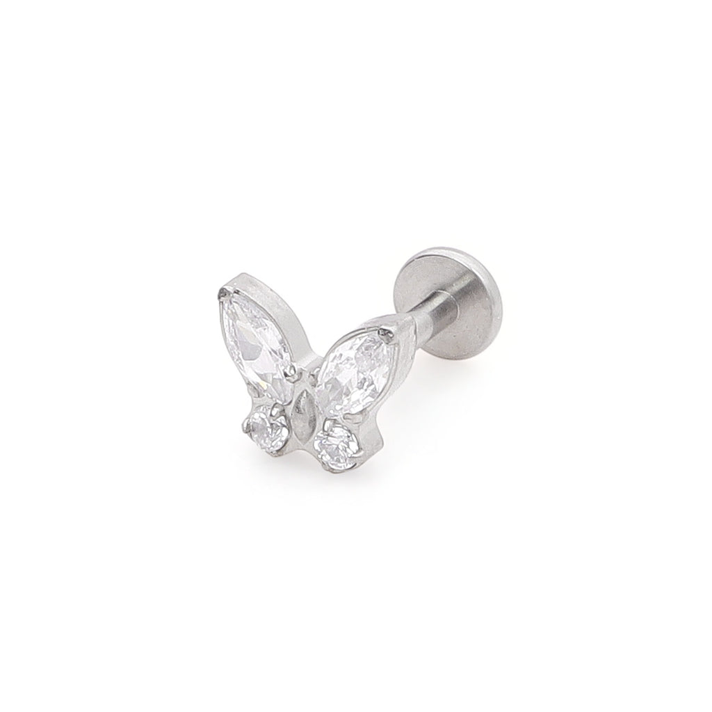 CZ Butterfly Top Internally Threaded Flat Back Stud-Tragus | Cartilage | Daith | Conch-1-Glitters