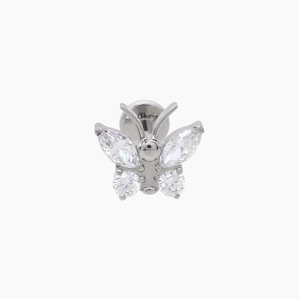 CZ Butterfly Top Internally Threaded Titanium Flat Back Stud-Tragus | Cartilage | Daith | Conch-1-Glitters