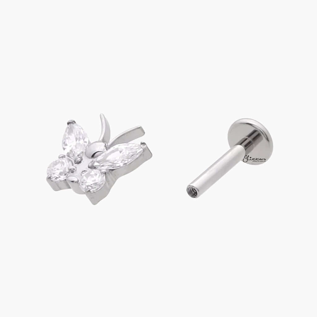 CZ Butterfly Top Internally Threaded Titanium Flat Back Stud-Tragus | Cartilage | Daith | Conch-4-Glitters