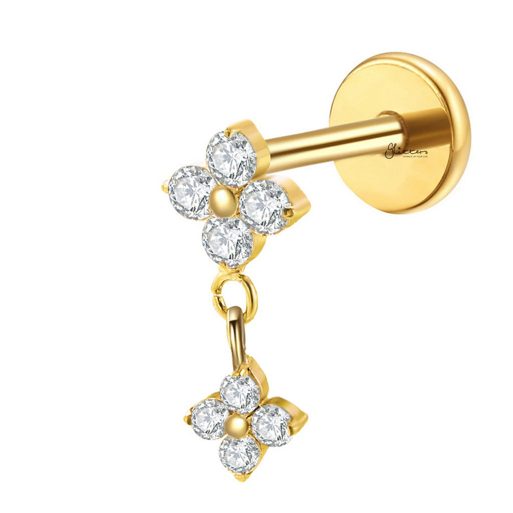 Double CZ Flower Dangle Titanium Flat Back Stud Earrings-Tragus | Cartilage | Daith | Conch-2-Glitters