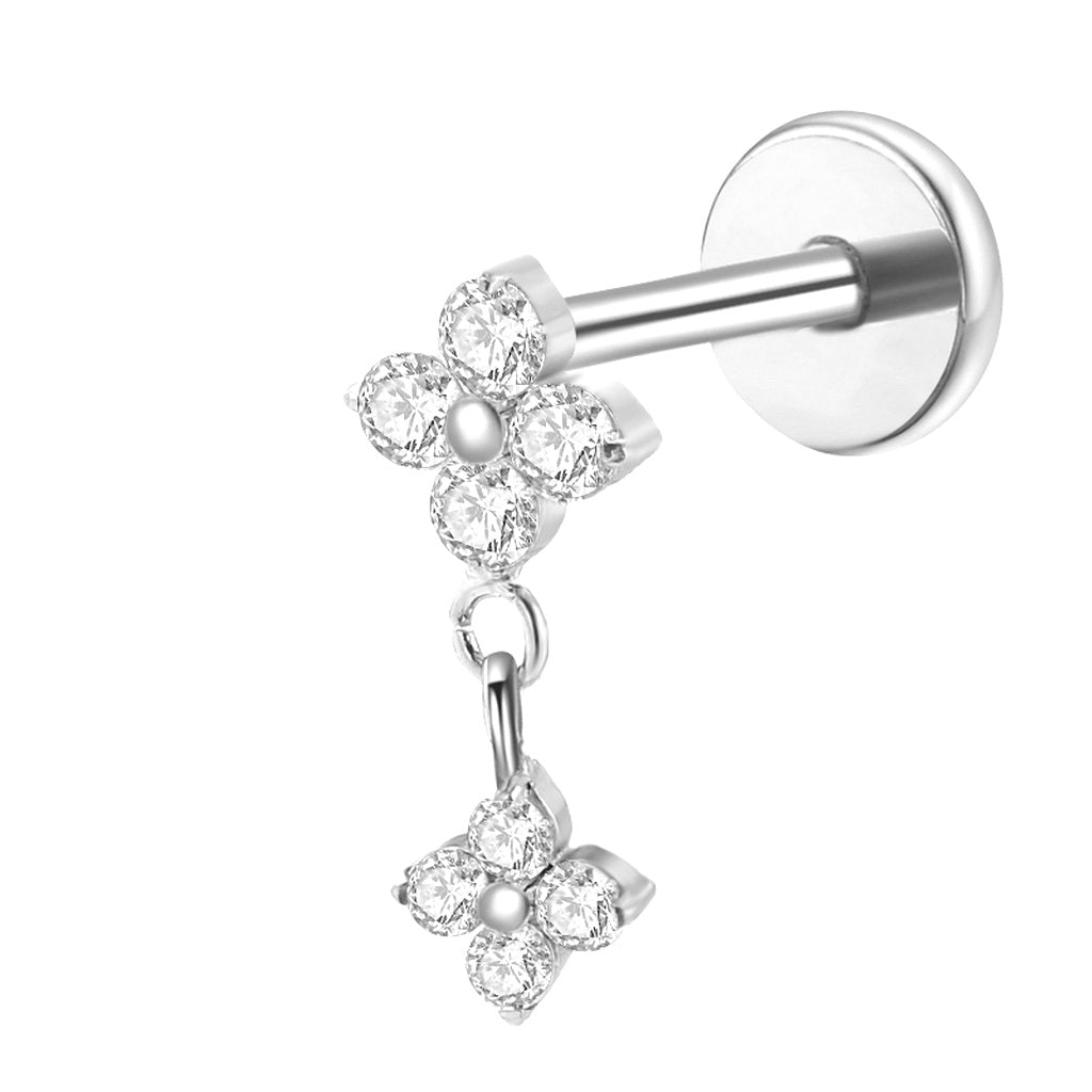 Double CZ Flower Dangle Titanium Flat Back Stud Earrings-Tragus | Cartilage | Daith | Conch-1-Glitters