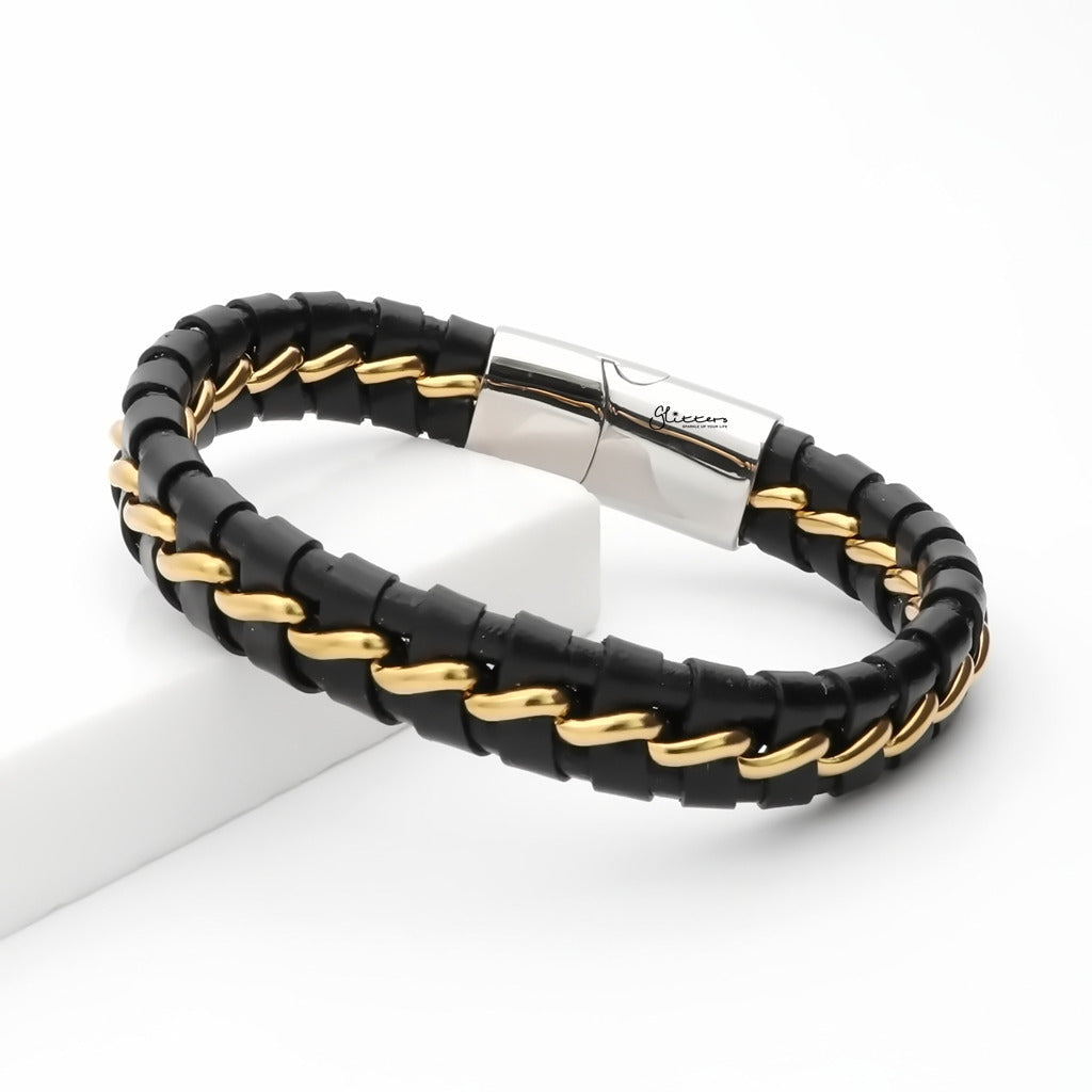 Two-Tone Black Braided Leather Bracelet - Gold-Leather Bracelets-3-Glitters