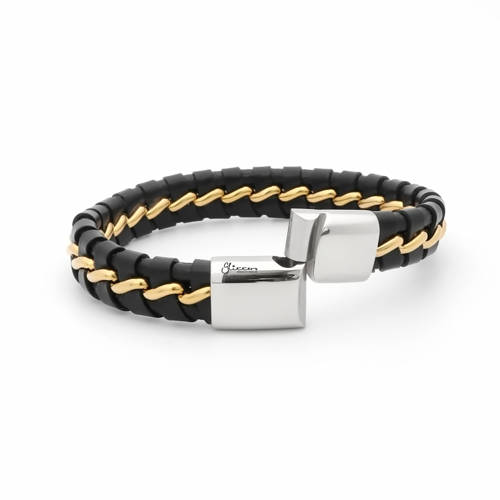 Two-Tone Black Braided Leather Bracelet - Gold-Leather Bracelets-4-Glitters