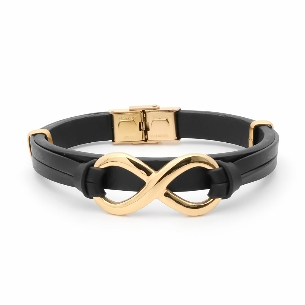 Infinity Symbol Black Leather Bracelet - Gold-Leather Bracelets-1-Glitters