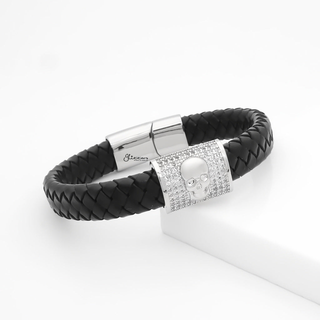 CZ Paved Skull Braided Leather Bracelet-Leather Bracelets-3-Glitters