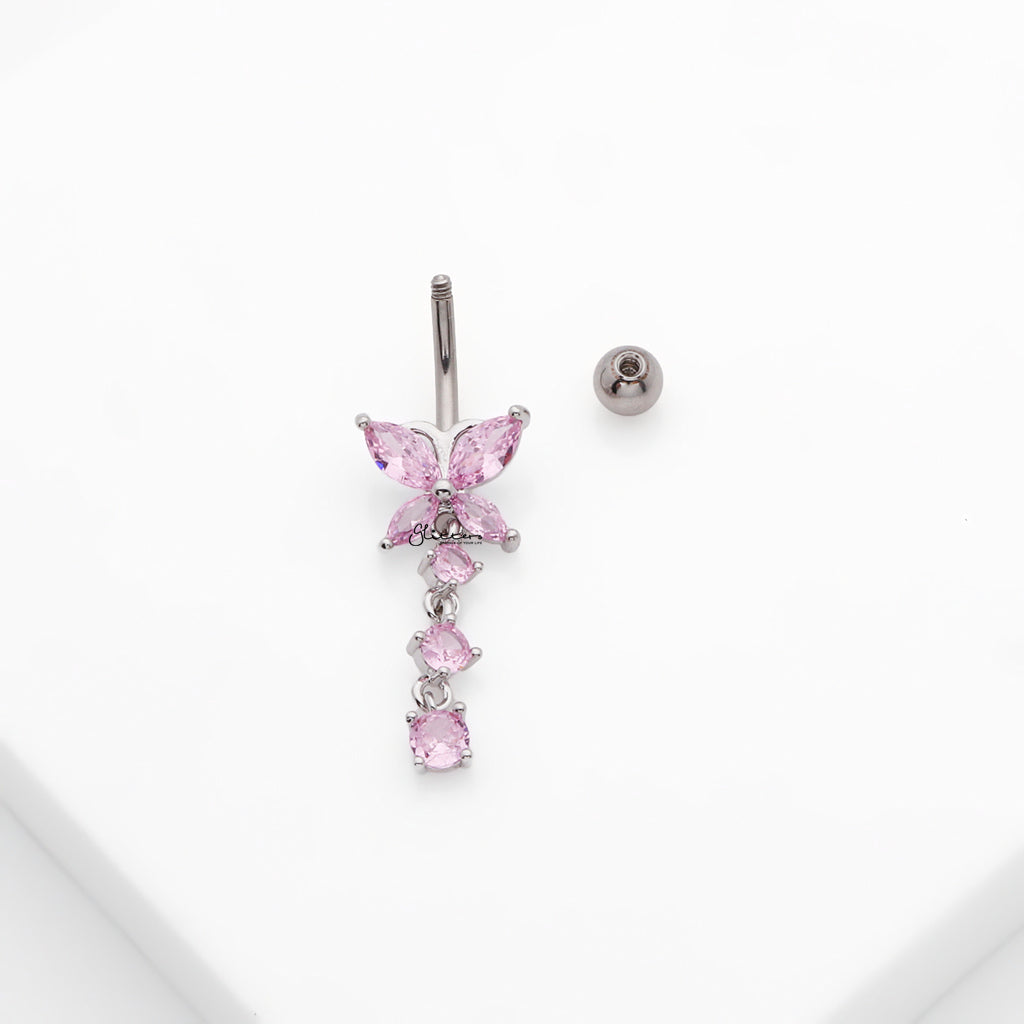 CZ Butterfly with 3 Dangle CZ Belly Button Navel Ring - Pink-Belly Rings-3-Glitters