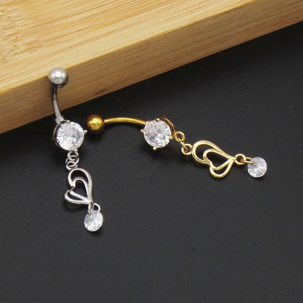 Double Heart with CZ Dangle Belly Button Ring - Silver