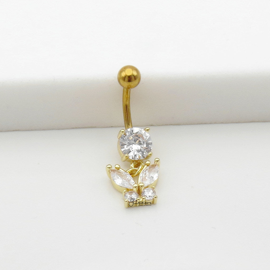 CZ Butterfly Dangle Belly Button Navel Ring - Gold