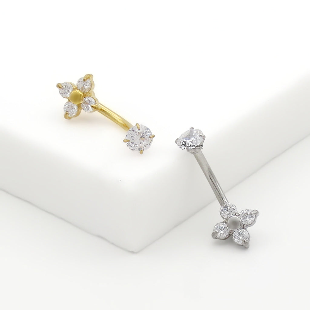 4 CZ Flower Belly Button Navel Ring - Silver