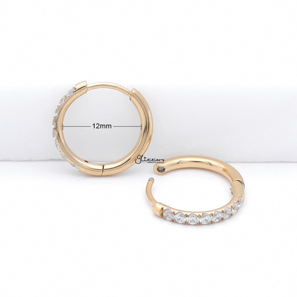 Stainless Steel Round CZ Huggie Hoop Earrings - Gold-Hoop Earrings-5-Glitters