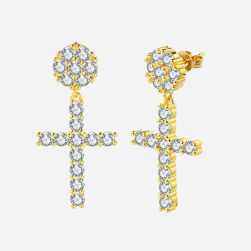 CZ Paved Round Stud Earrings with Dangle Cross - Gold-Stud Earrings-1-Glitters