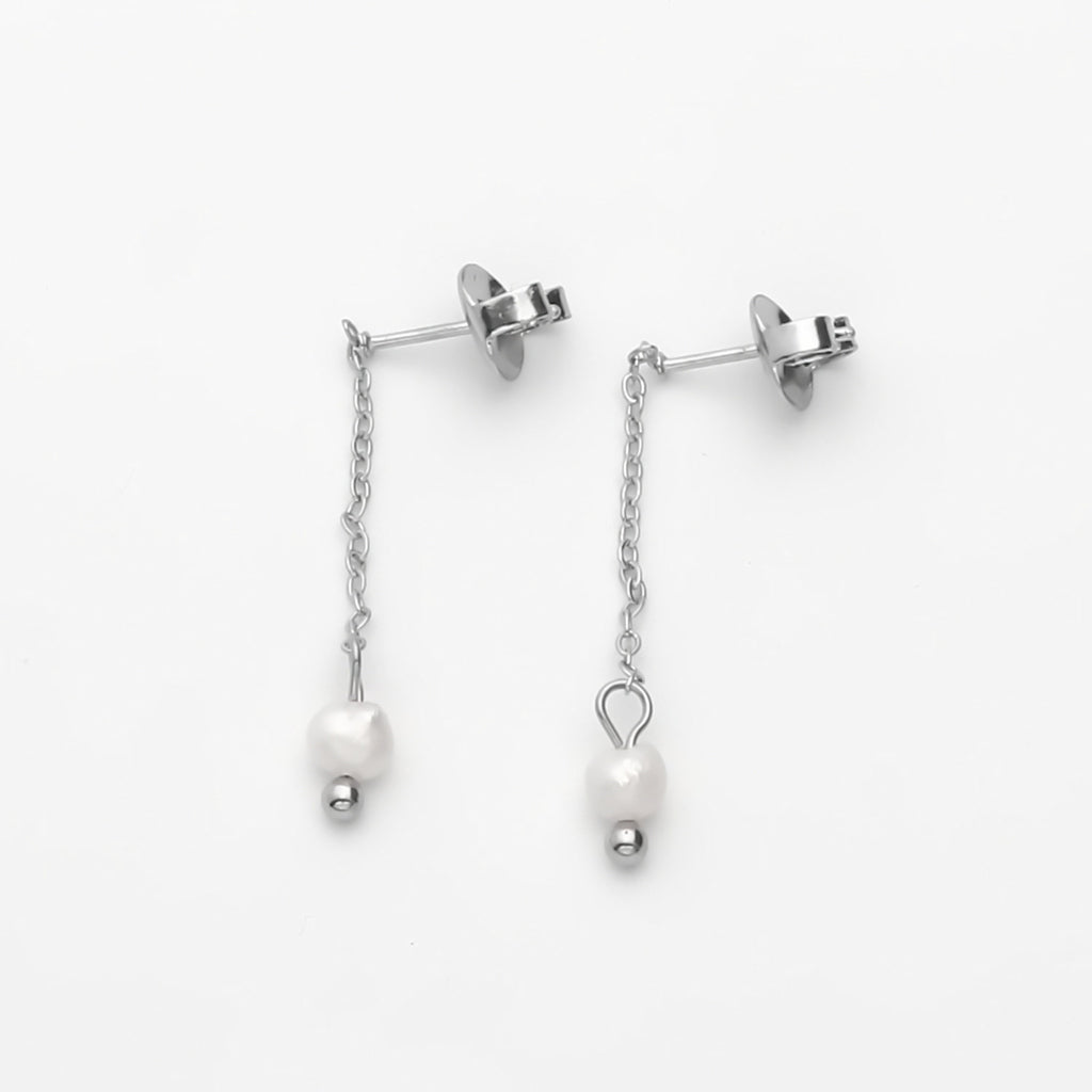 Stainless Steel Freshwater Pearl Dangle Earrings - Silver-Earrings-1-Glitters