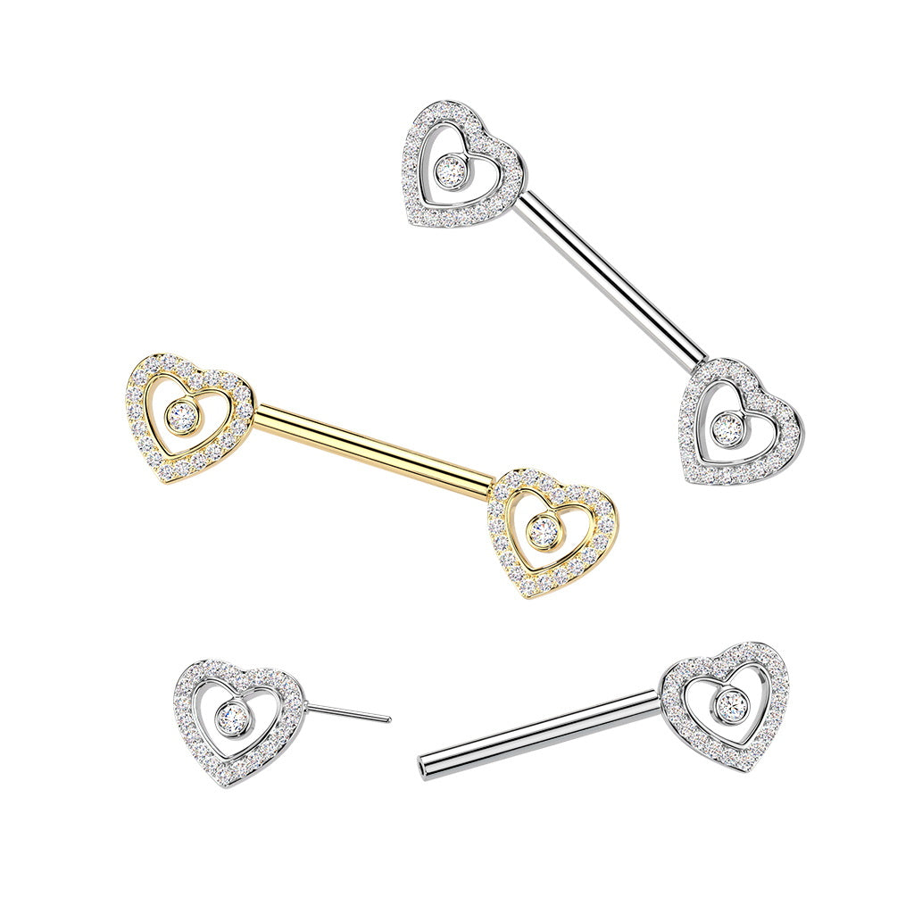 CZ Heart Threadless Push In Nipple Barbell - Gold-Nipple Barbells-3-Glitters