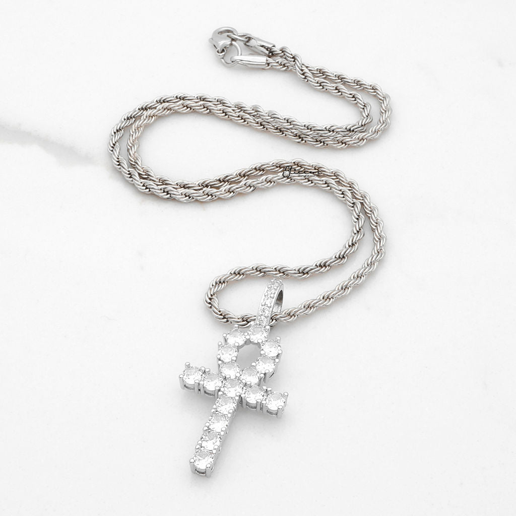 Iced Out Egyptian Ankh Cross Pendant - Silver-Ice Out Pendants-2-Glitters