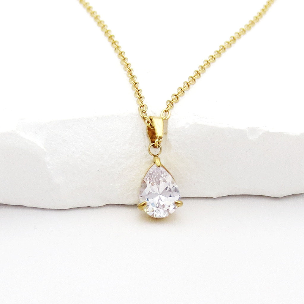 Stainless Steel Pear Cut CZ Teardrop Pendant Necklace - Clear