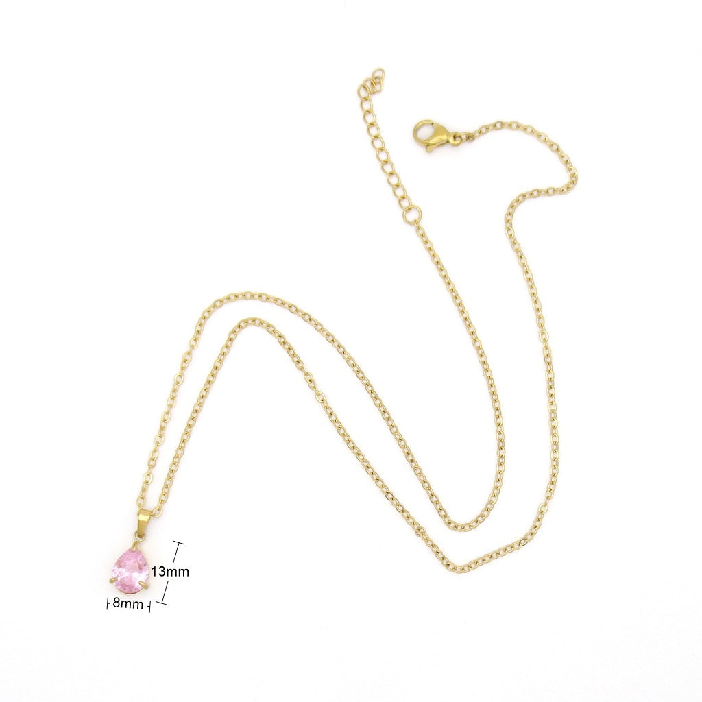 Stainless Steel Pear Cut CZ Teardrop Pendant Necklace - Pink