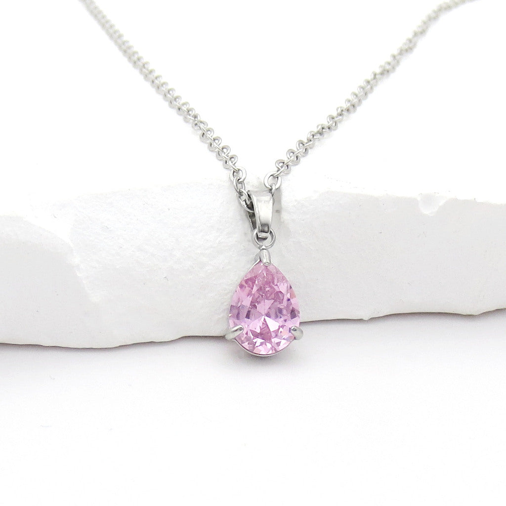 Stainless Steel Pear Cut CZ Teardrop Pendant Necklace - Pink