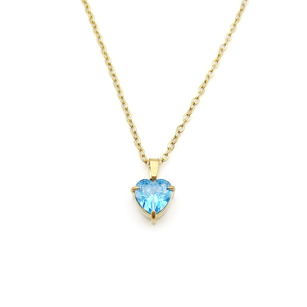 Stainless Steel Heart Cut CZ Pendant Necklace - Aqua