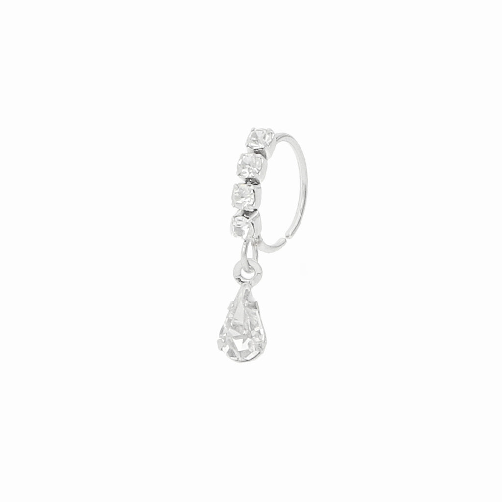 CZ Hoop Nose Ring with Dangle Teardrop CZ - Silver-Nose Studs-1-Glitters