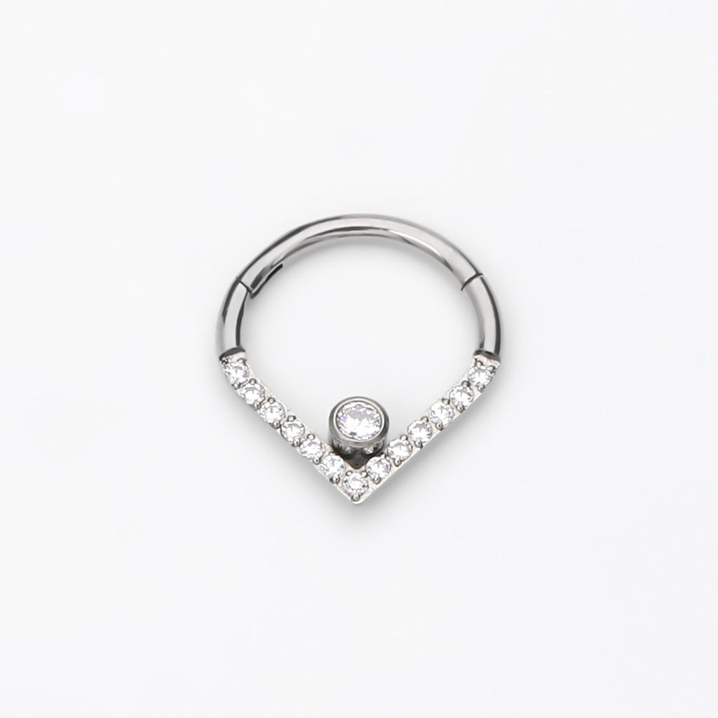 Titanium CZ Paved Chevron Segment Hoop Ring with CZ Center - Silver-Septum Rings-1-Glitters