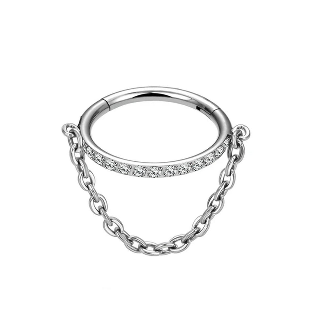 Titanium Outward Facing Pave CZ Hoop with Chain Link - Silver