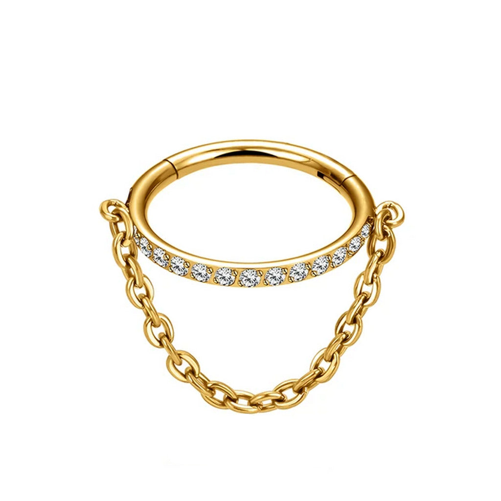 Titanium Outward Facing Pave CZ Hoop with Chain Link - Gold