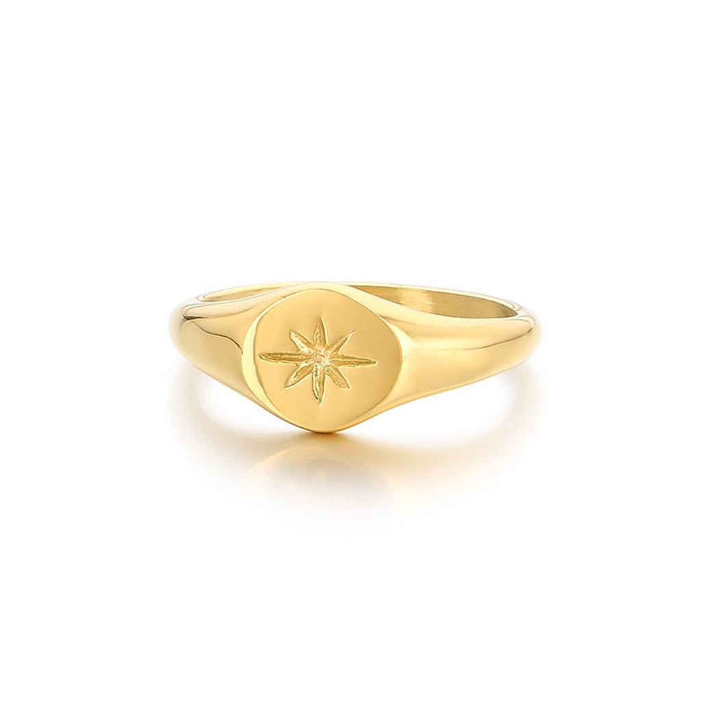 Stainless Steel Oval Sunburst Signet Ring - Gold-Stainless Steel Rings-1-Glitters
