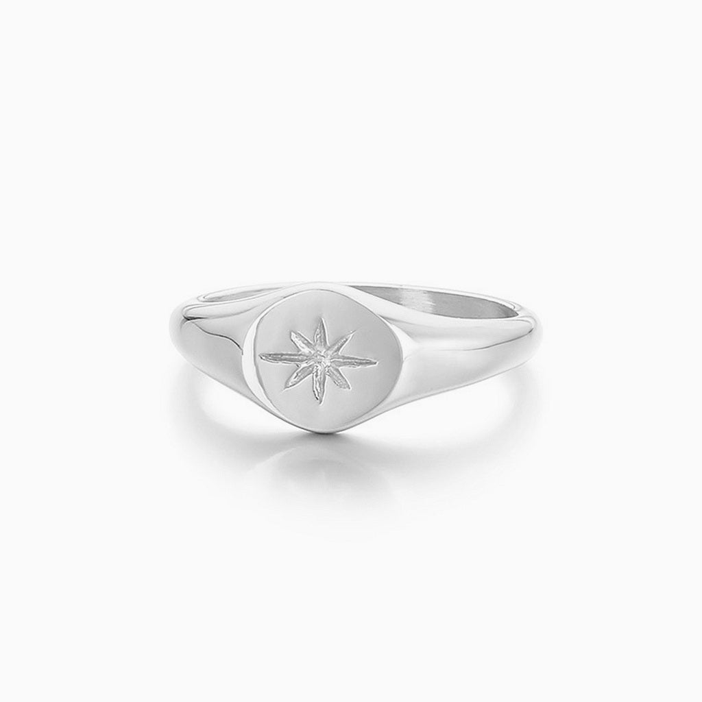 Stainless Steel Oval Sunburst Signet Ring - Silver-Stainless Steel Rings-1-Glitters