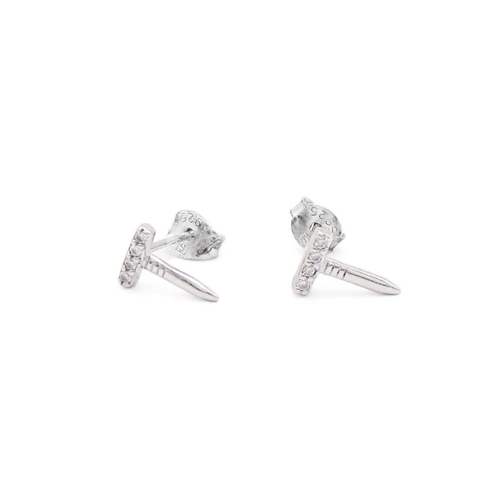 Sterling Silver Nail CZ Stud Earrings