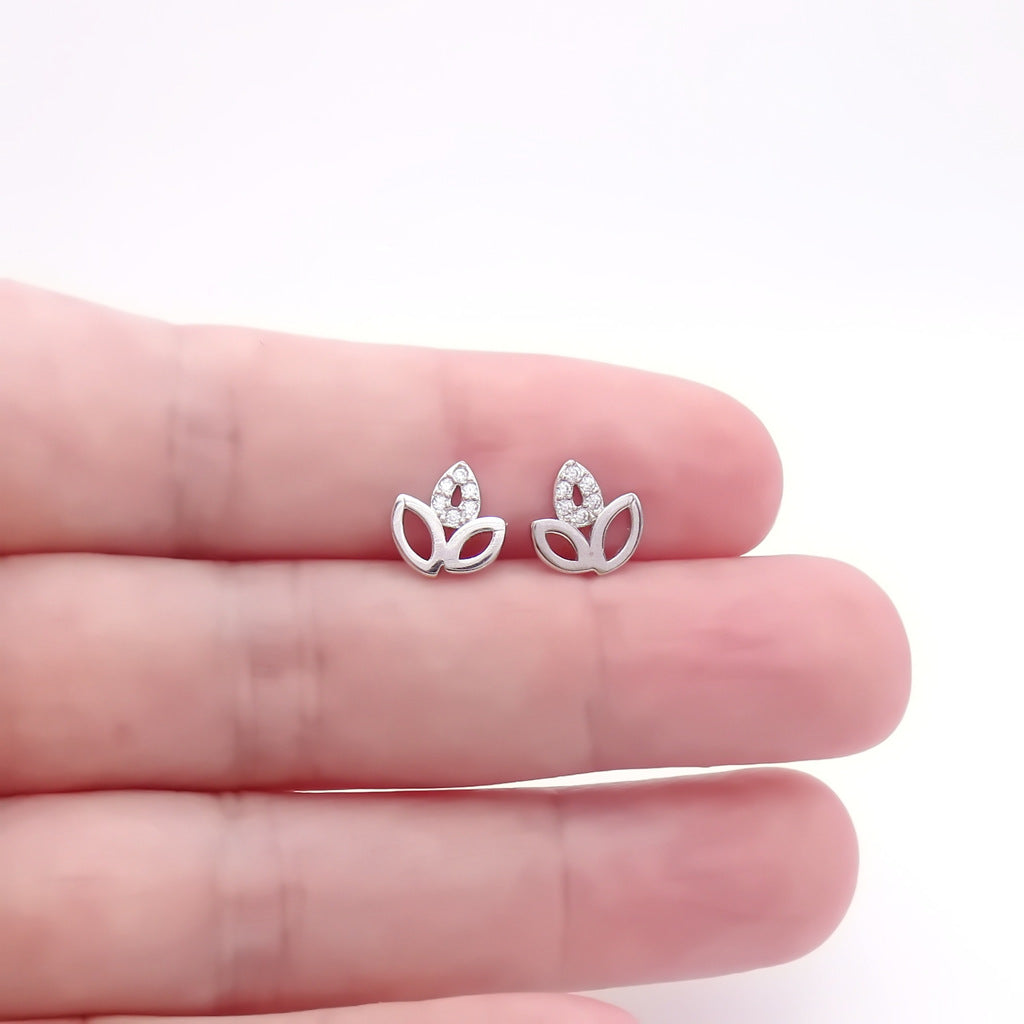 Sterling Silver Lotus Leaf CZ Stud Earrings