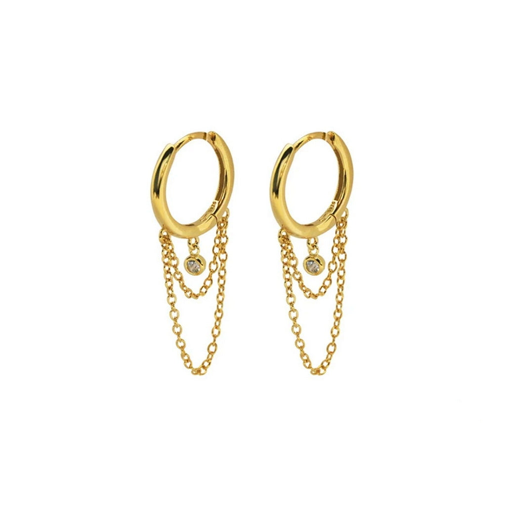 Round CZ Charm with Chains Huggie Hoop Earrings - Gold-Hoop Earrings-1-Glitters