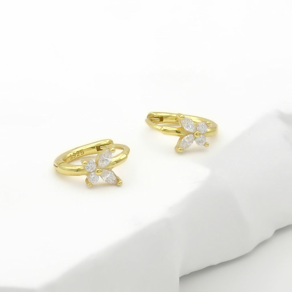 CZ Butterfly Sterling Silver Huggie Hoop Earrings - Gold