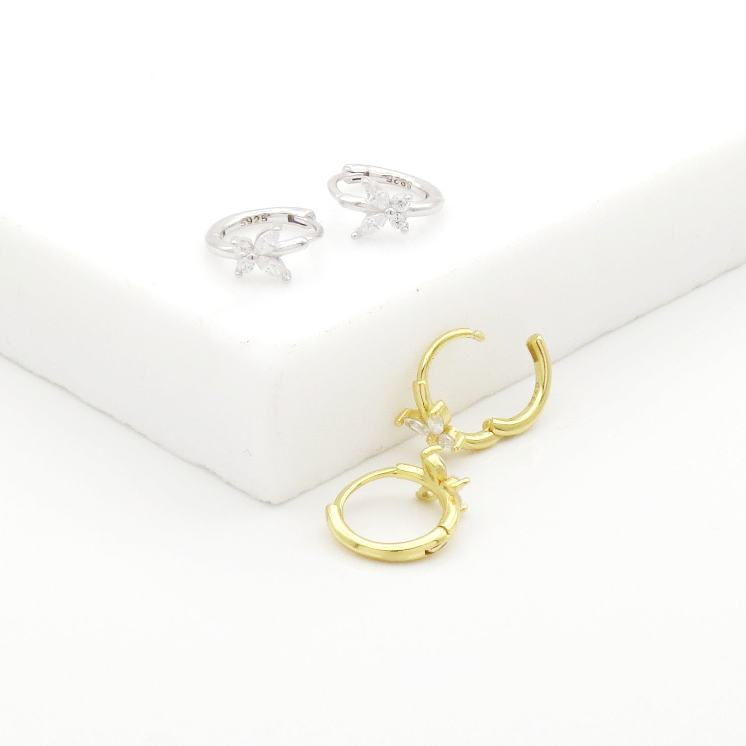 CZ Butterfly Sterling Silver Huggie Hoop Earrings - Gold-Hoop Earrings-4-Glitters