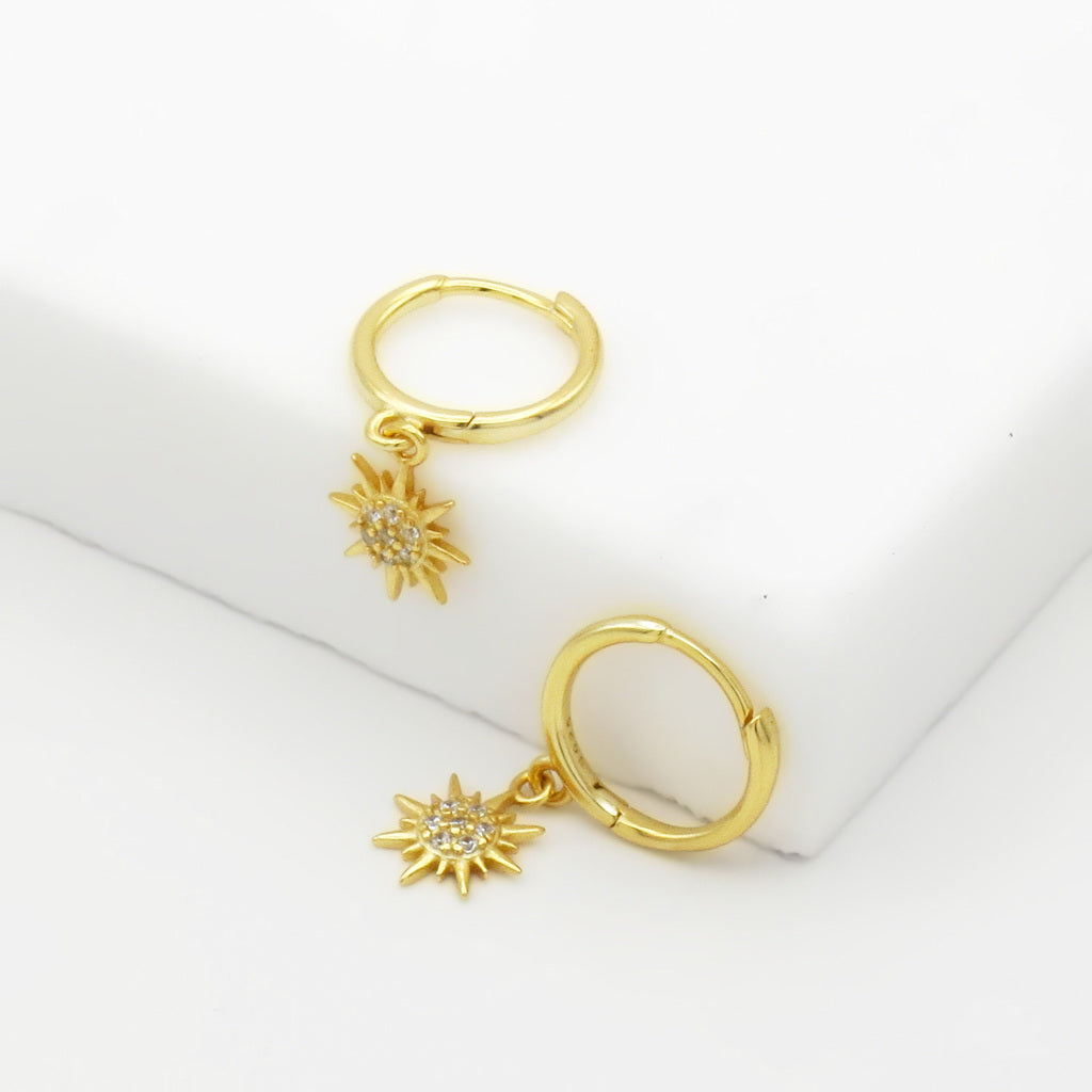 Sterling Silver CZ Sunburst Dangle Hoop Earrings - Gold