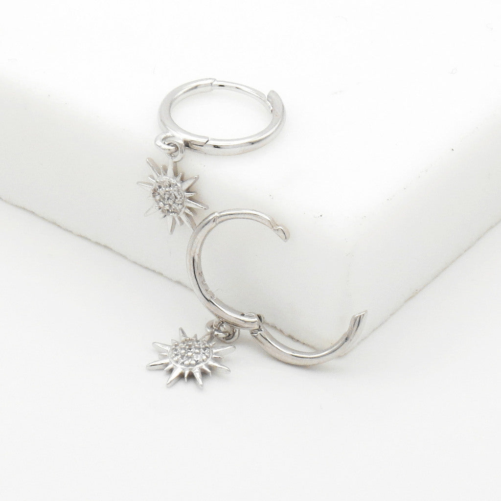 Sterling Silver CZ Sunburst Dangle Hoop Earrings - Silver