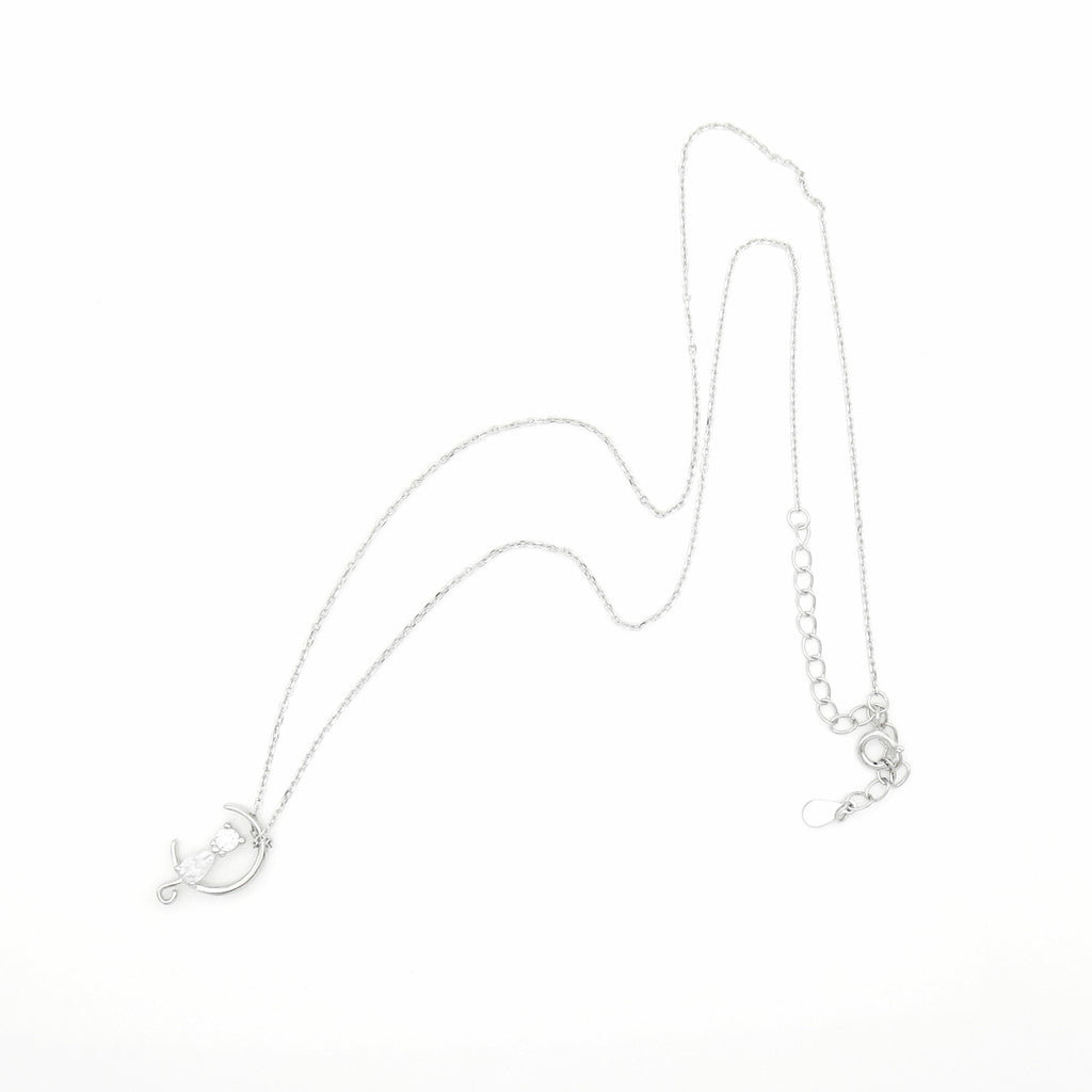 Sterling Silver CZ Cat on Moon Necklace-Sterling Silver Necklaces-4-Glitters